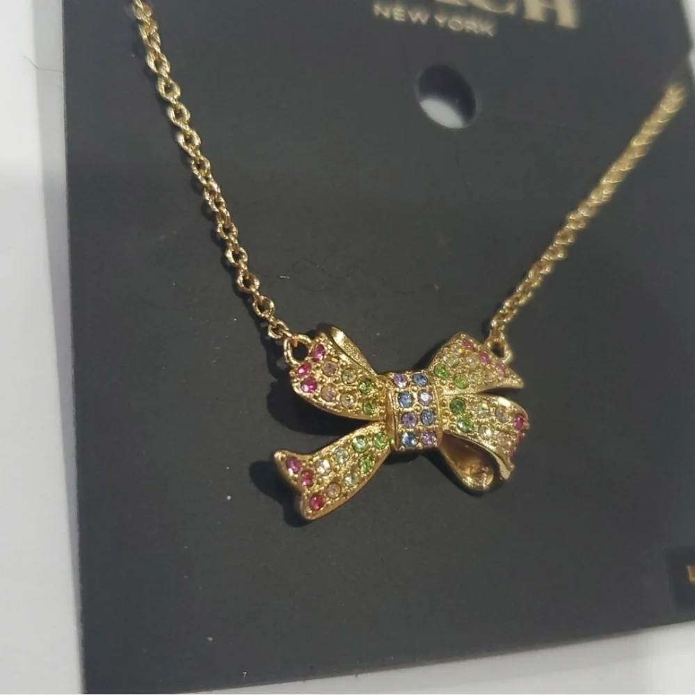 Coach‎ bright multicolored pave crystal gemstones adorned bow post earrings new - Picture 10 of 10